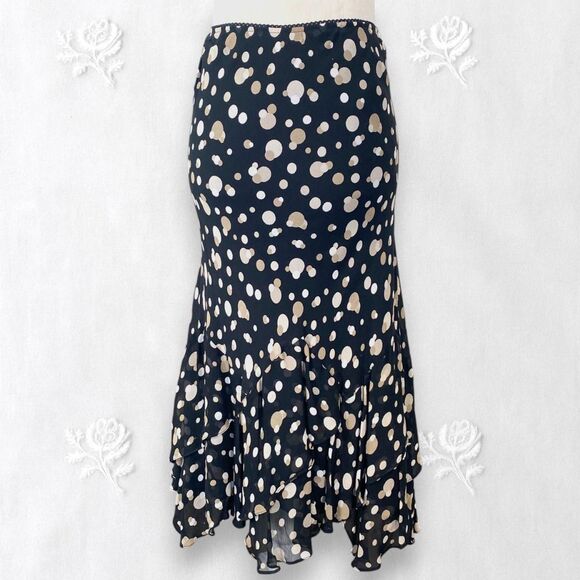 Early 2000's Cream White Polkadot Black Mesh Tiered Frilly Midi Skirt 14 / L - Picture 1 of 7
